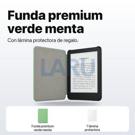 Funda premium microfibra verde menta para Kindle 2022/2024 de 6 pulgadas con lámina