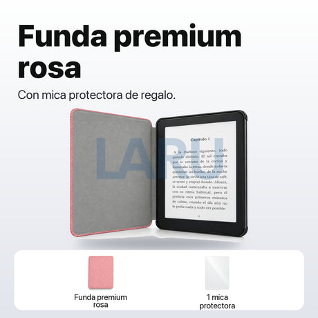 Funda premium microfibra rosa para Kindle Paperwhite 2024 de 7 pulgadas con mica