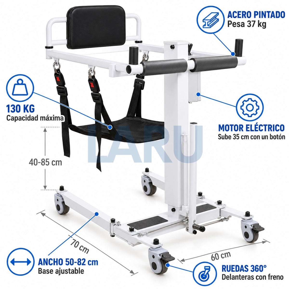 Grúa de Traslado Eléctrica Plegable para Pacientes - medidas y especificaciones