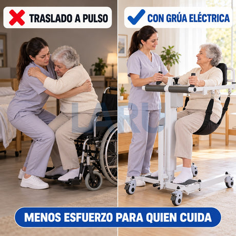 Grúa de Traslado Eléctrica Plegable para Pacientes - traslado a pulso versus con equipo