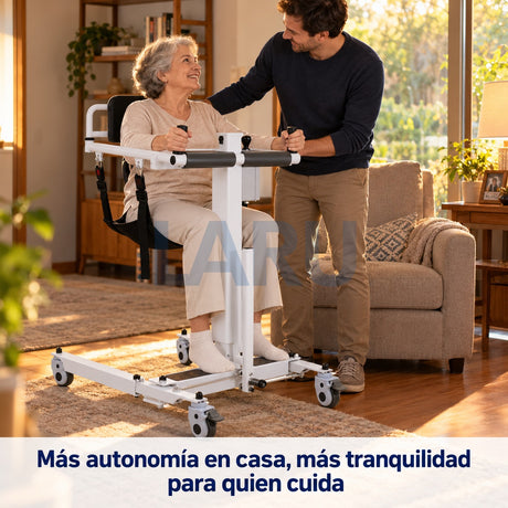 Grúa de Traslado Eléctrica Plegable para Pacientes - en el living con la familia