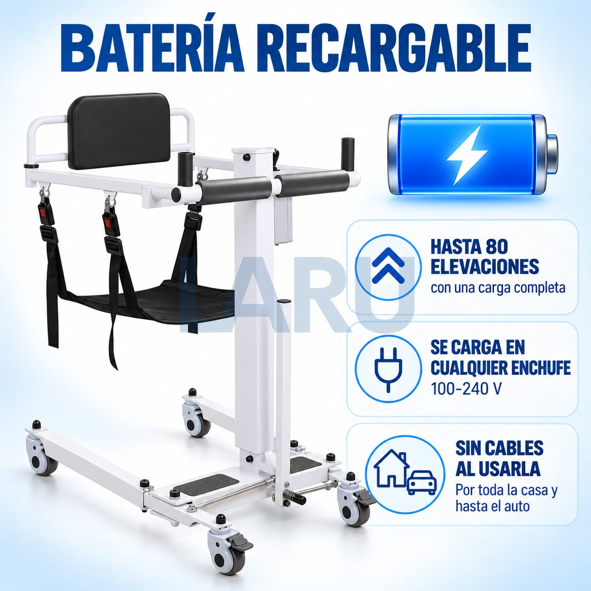 Grúa de Traslado Eléctrica Plegable para Pacientes - batería recargable con hasta 80 elevaciones por carga