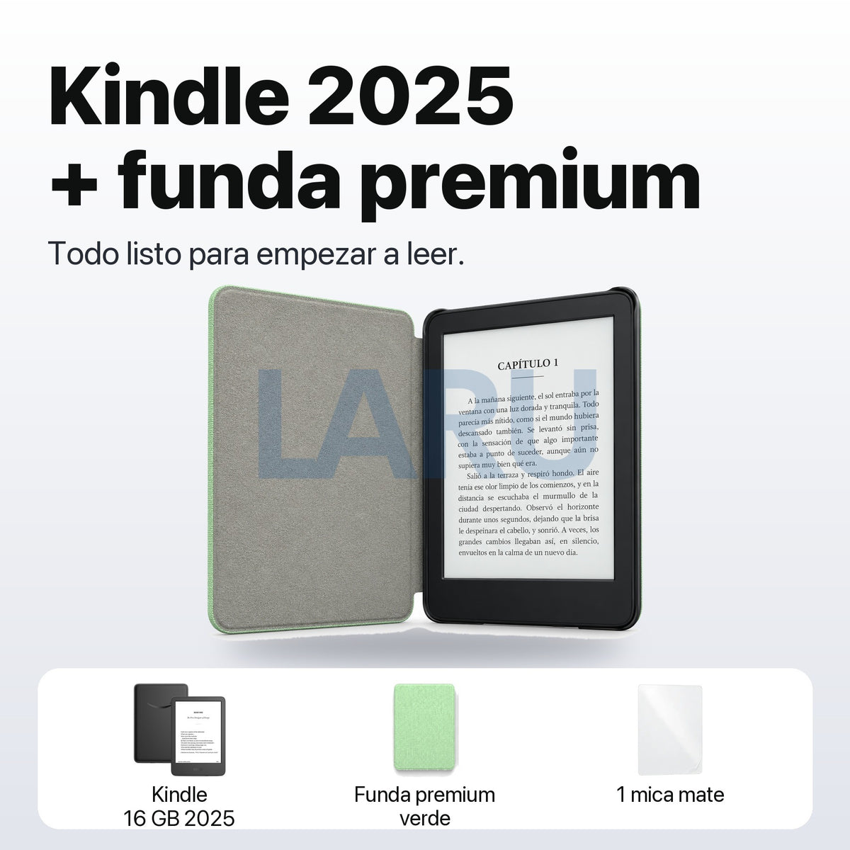 Kindle 16 GB 6 pulgadas negro con funda premium verde menta, mica, cargador Amazon y lápiz táctil