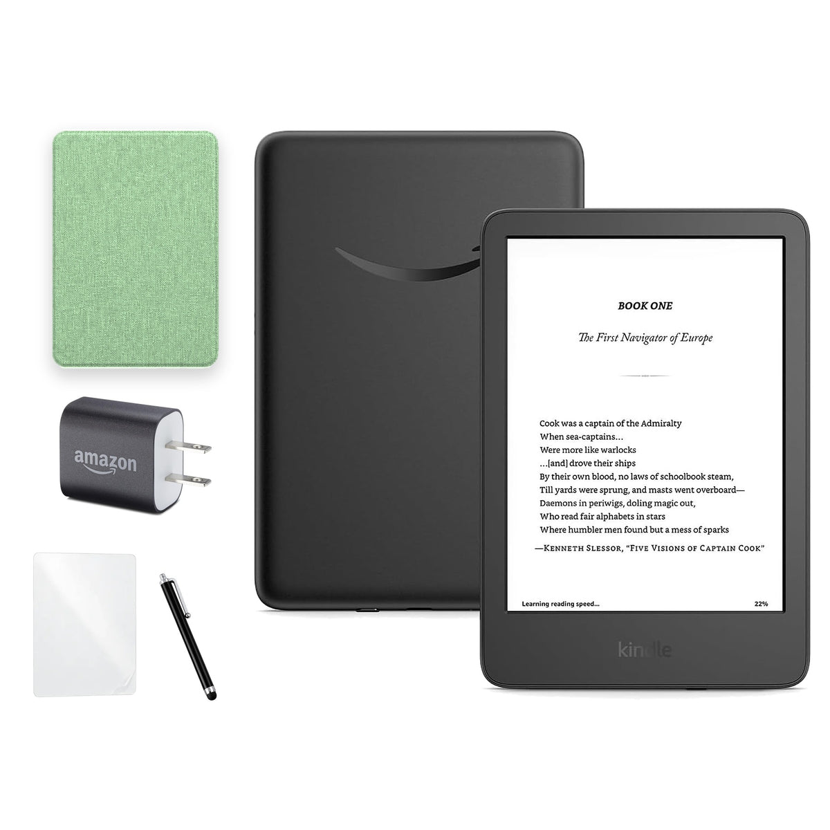 Kindle 16 GB 6 pulgadas negro con funda premium verde menta, mica, cargador Amazon y lápiz táctil