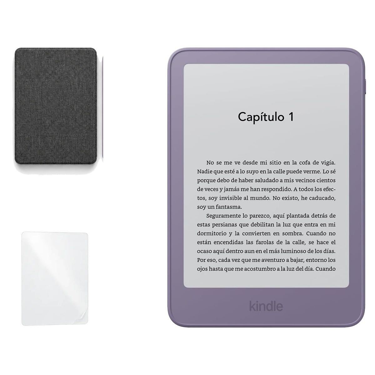Kindle 2026 color Morado Ube con funda microfibra negra - portada