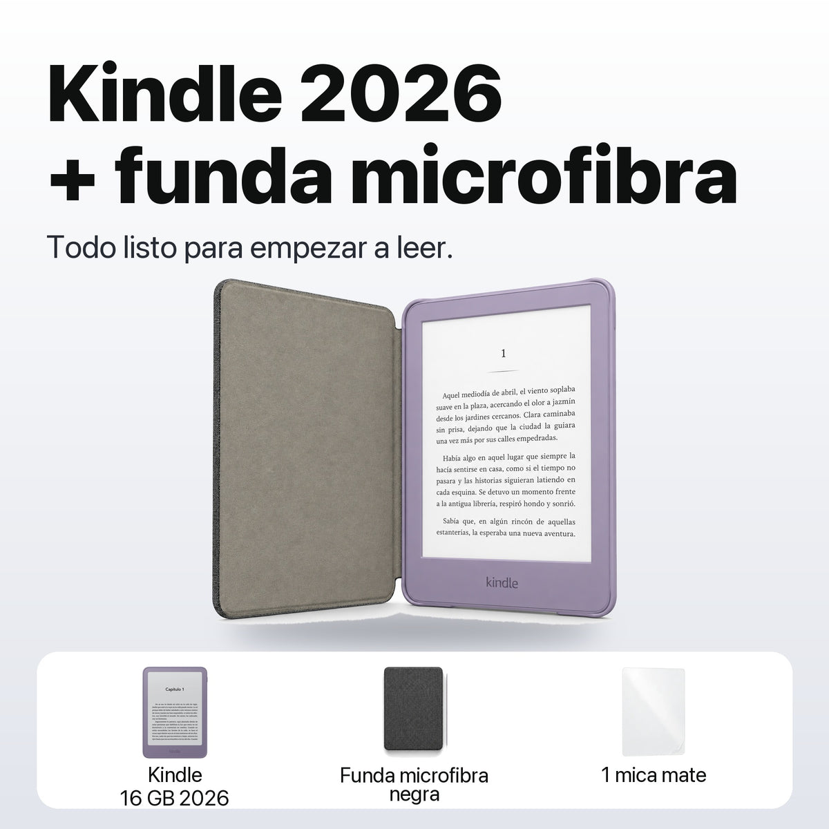Kindle 2026 color Morado Ube con funda microfibra negra - qué incluye el pack