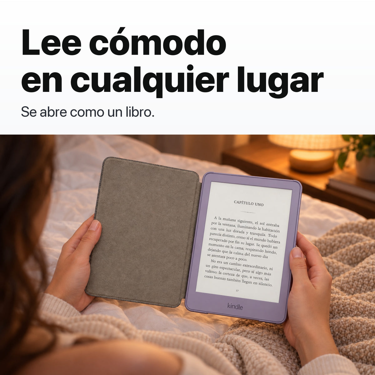 Kindle 2026 color Morado Ube con funda microfibra negra - lectura cómoda en la cama