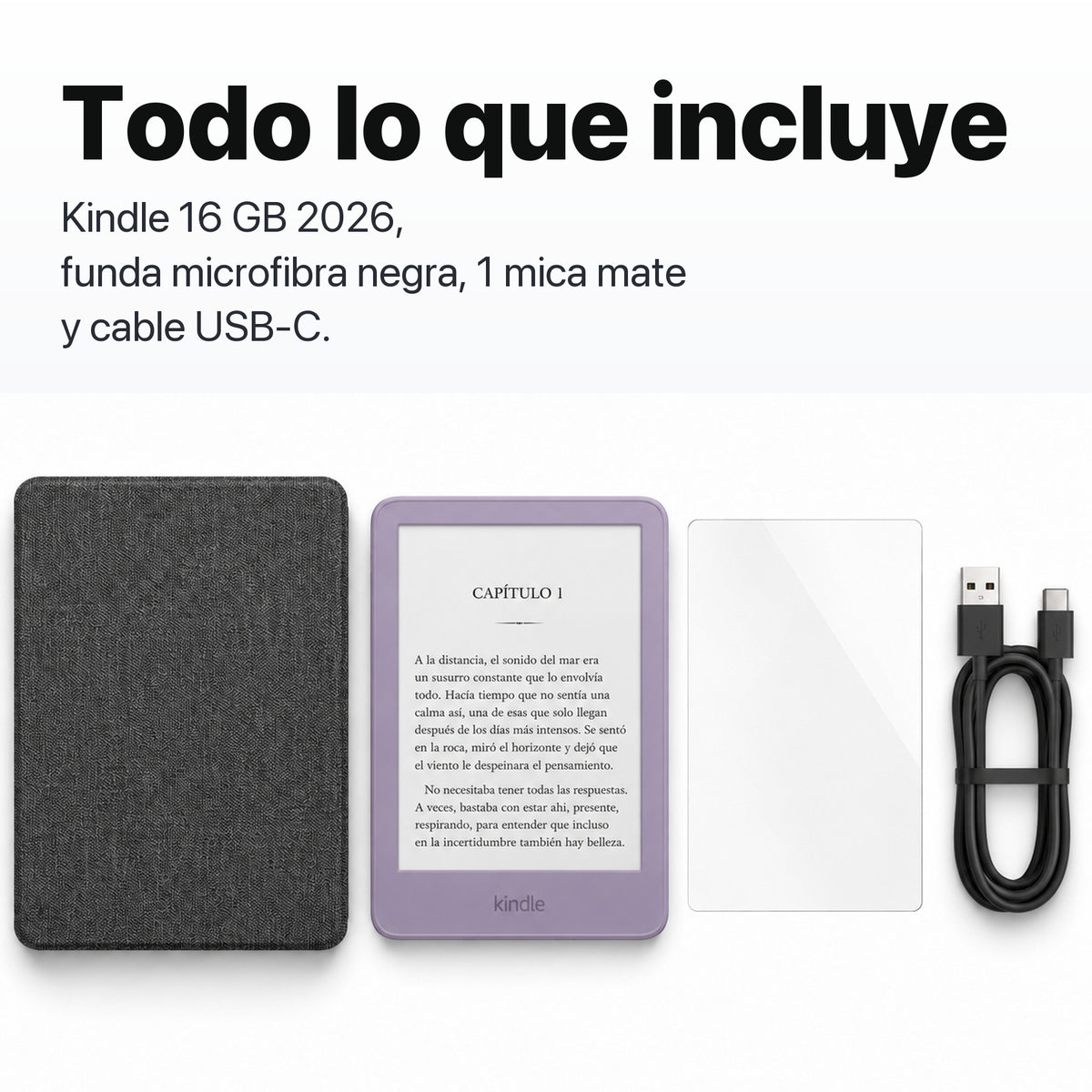 Kindle 2026 color Morado Ube con funda microfibra negra - todo lo que incluye