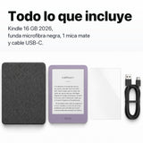 Kindle 2026 color Morado Ube con funda microfibra negra - todo lo que incluye