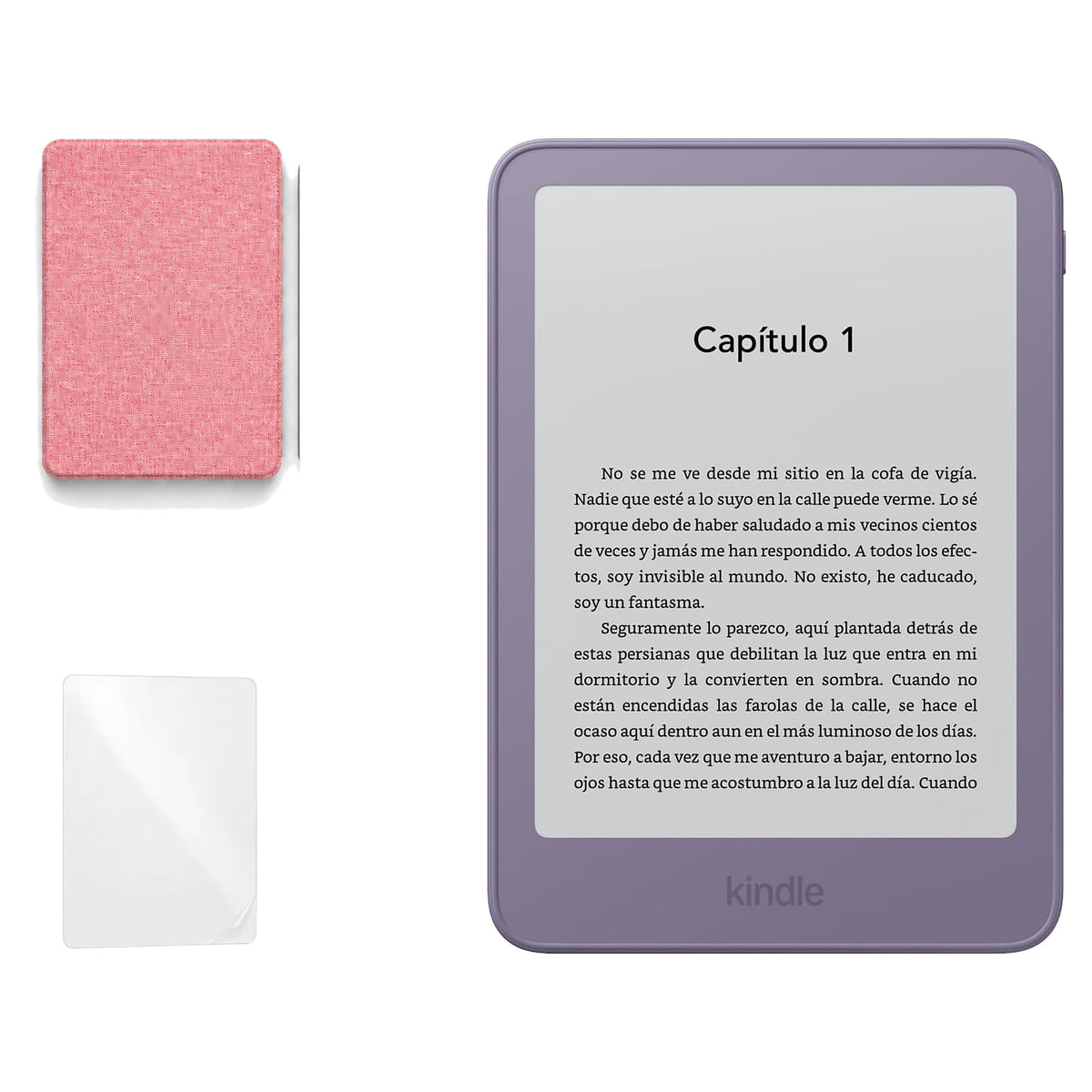 Kindle 2026 color Morado Ube con funda microfibra rosa - portada