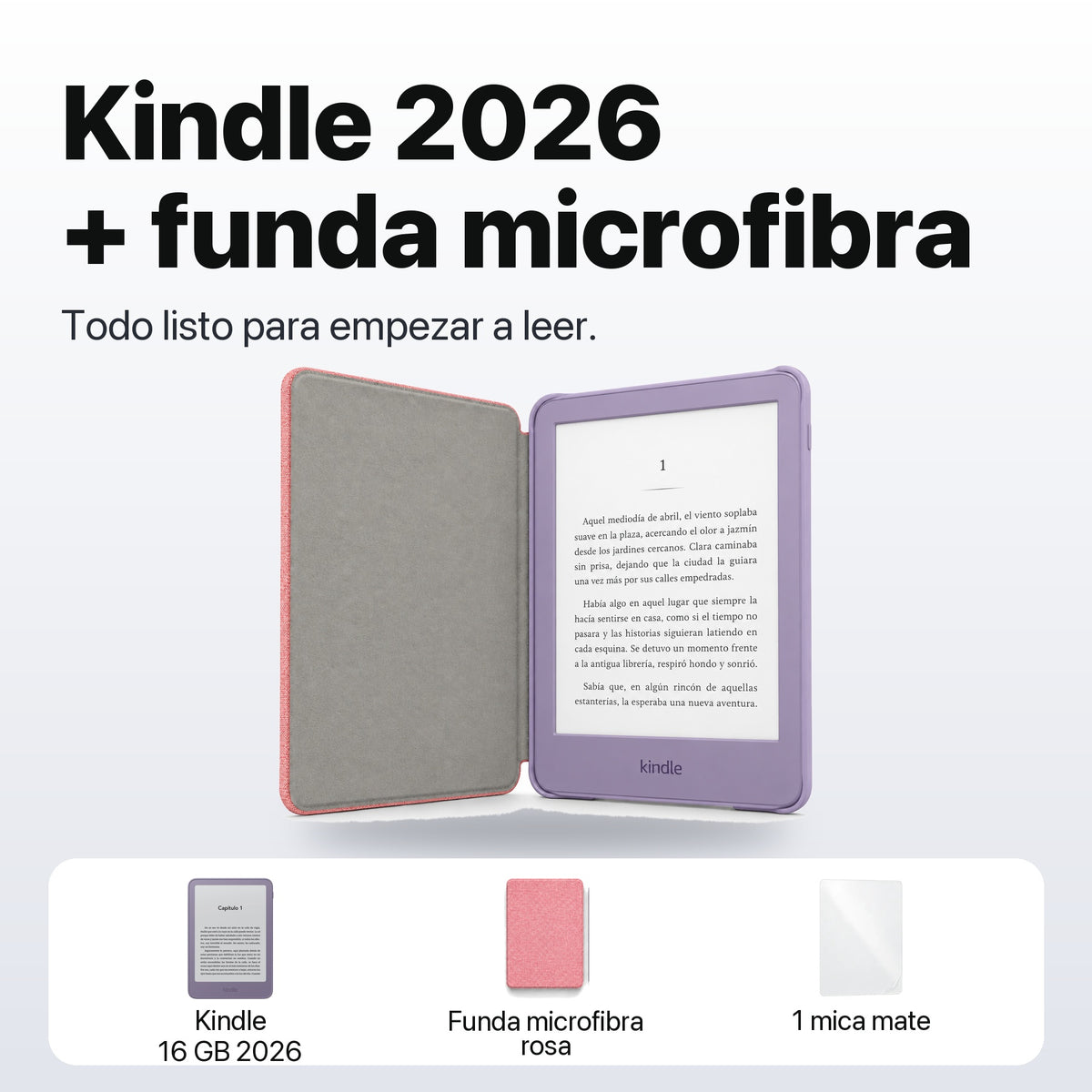 Kindle 2026 color Morado Ube con funda microfibra rosa - qué incluye el pack