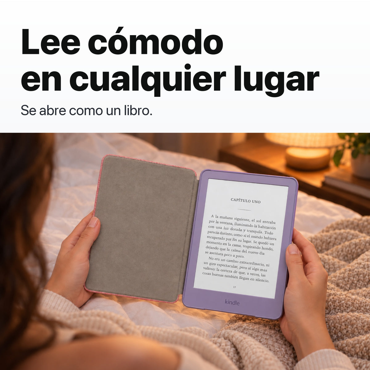 Kindle 2026 color Morado Ube con funda microfibra rosa - lectura cómoda en la cama