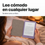 Kindle 2026 color Morado Ube con funda microfibra rosa - lectura cómoda en la cama
