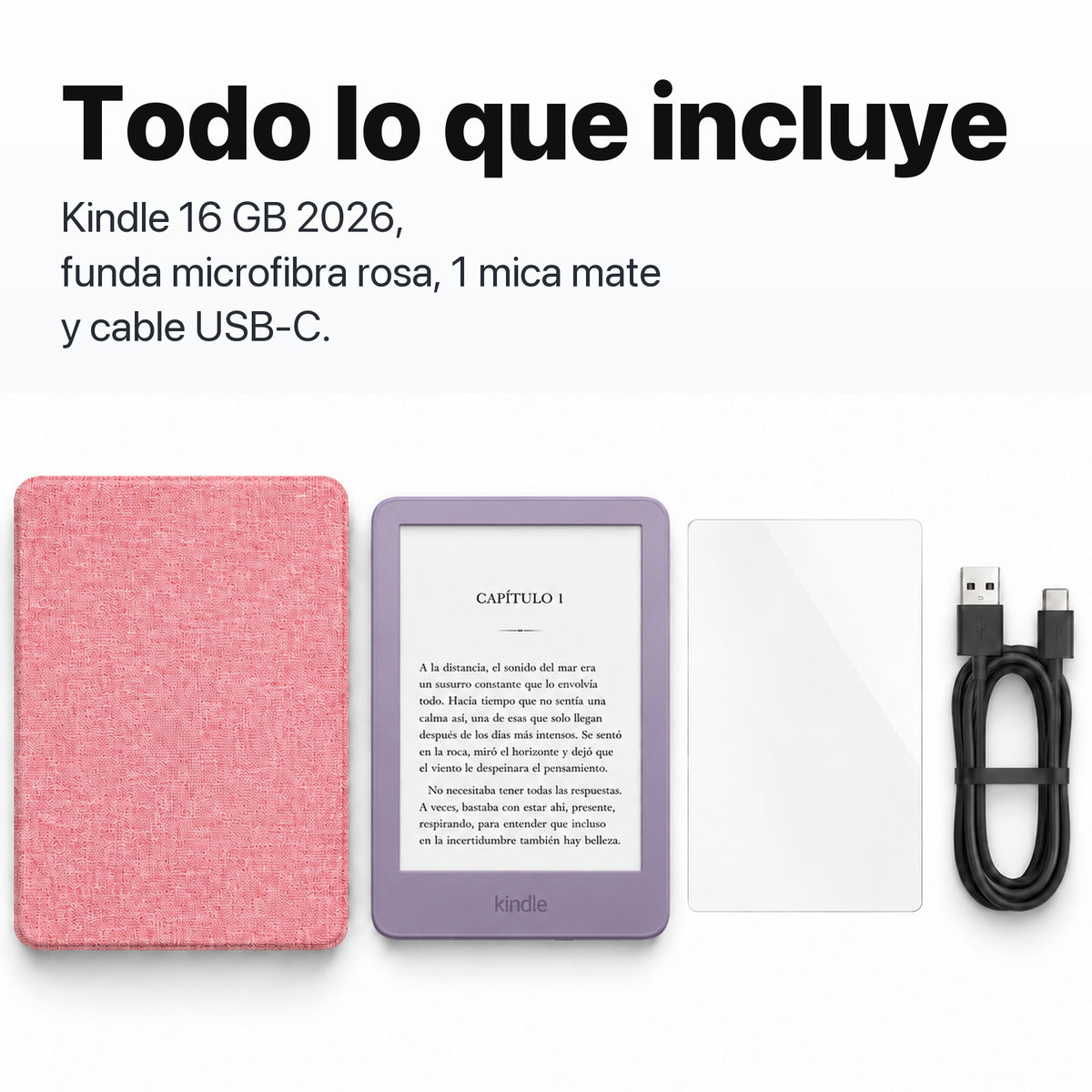 Kindle 2026 color Morado Ube con funda microfibra rosa - todo lo que incluye