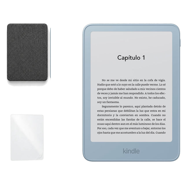 Kindle 2026 Aluminio color Azul Alpine Sky con funda microfibra negra - portada