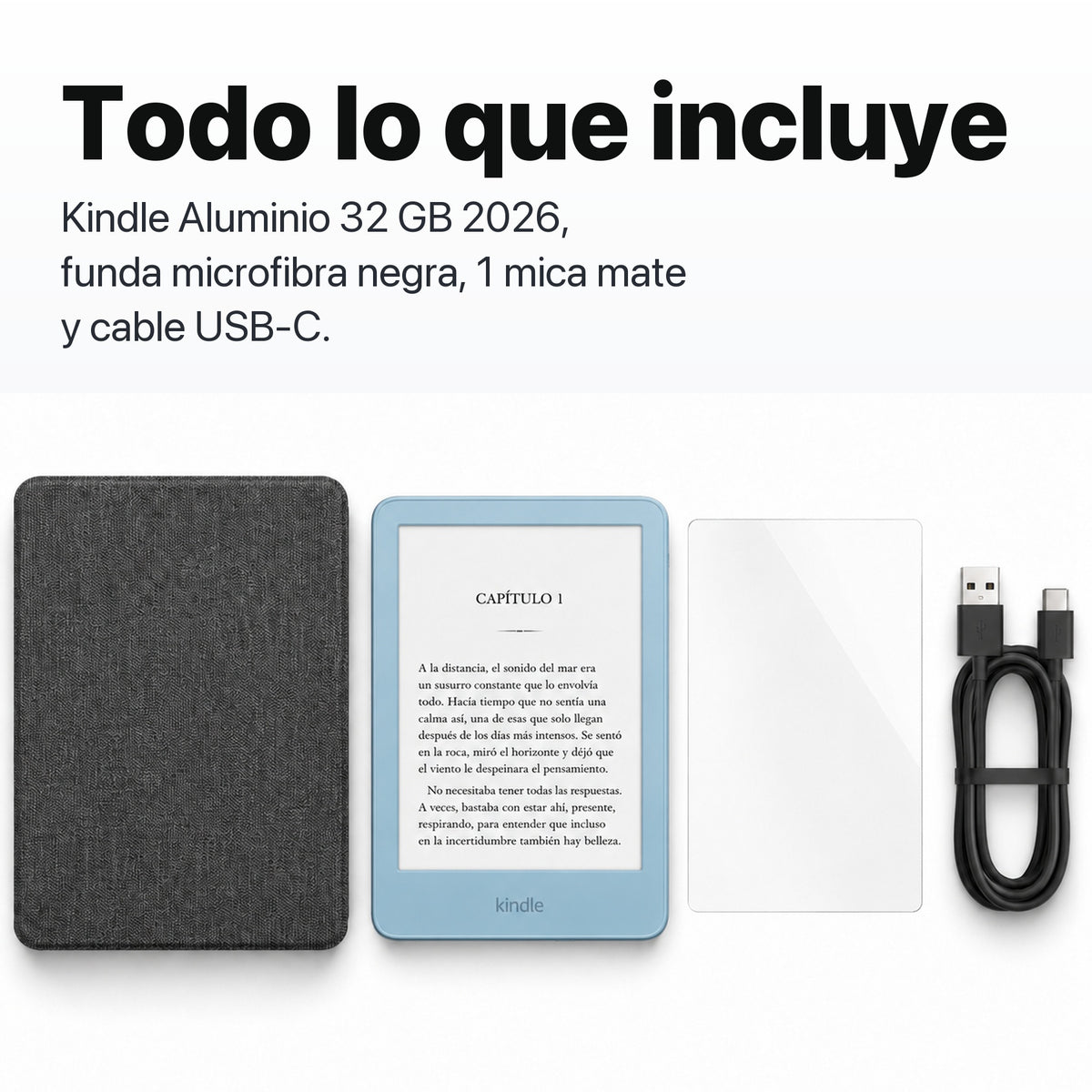 Kindle 2026 Aluminio color Azul Alpine Sky con funda microfibra negra - todo lo que incluye