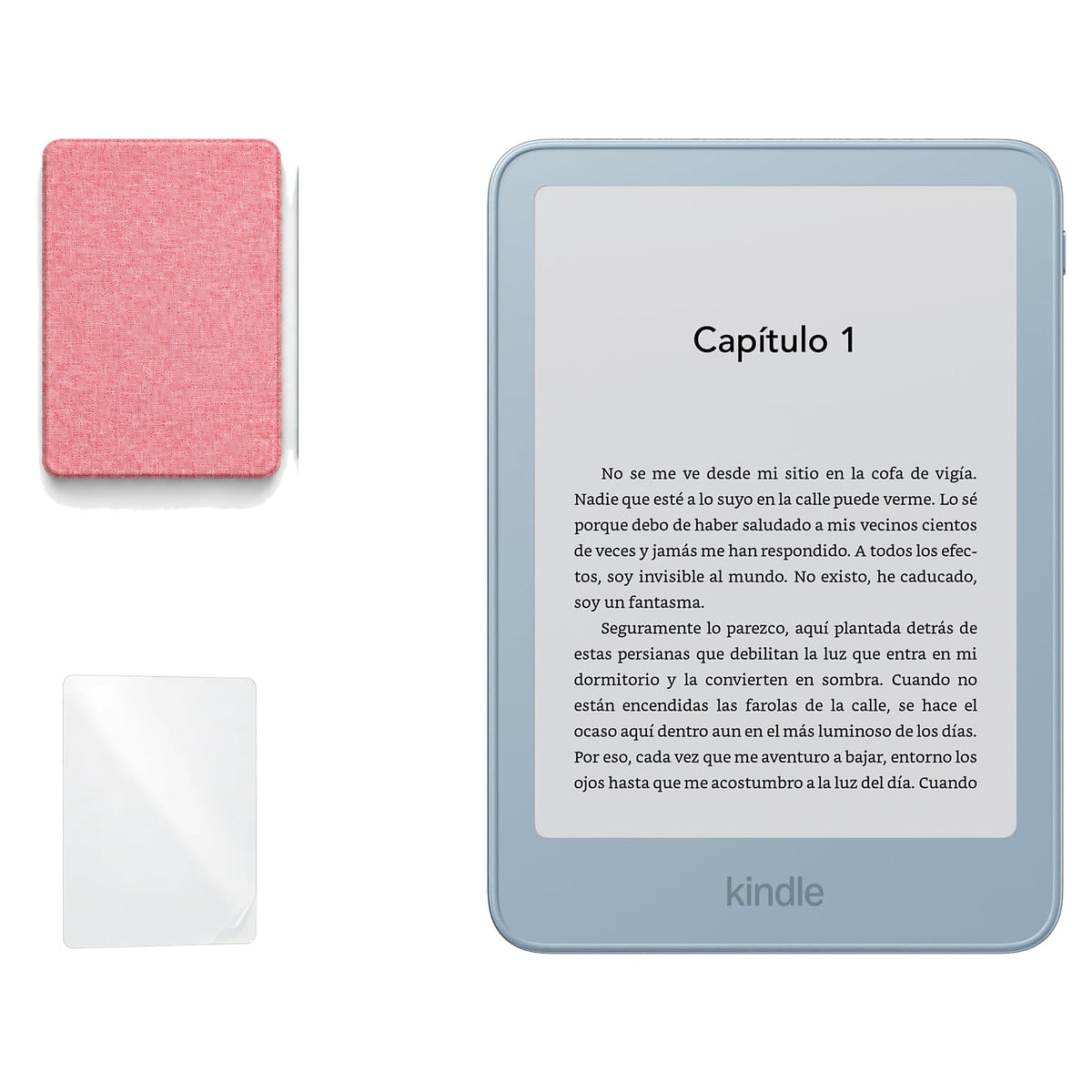 Kindle 2026 Aluminio color Azul Alpine Sky con funda microfibra rosa - portada