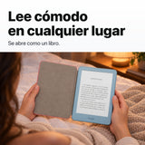 Kindle 2026 Aluminio color Azul Alpine Sky con funda microfibra rosa - lectura cómoda en la cama