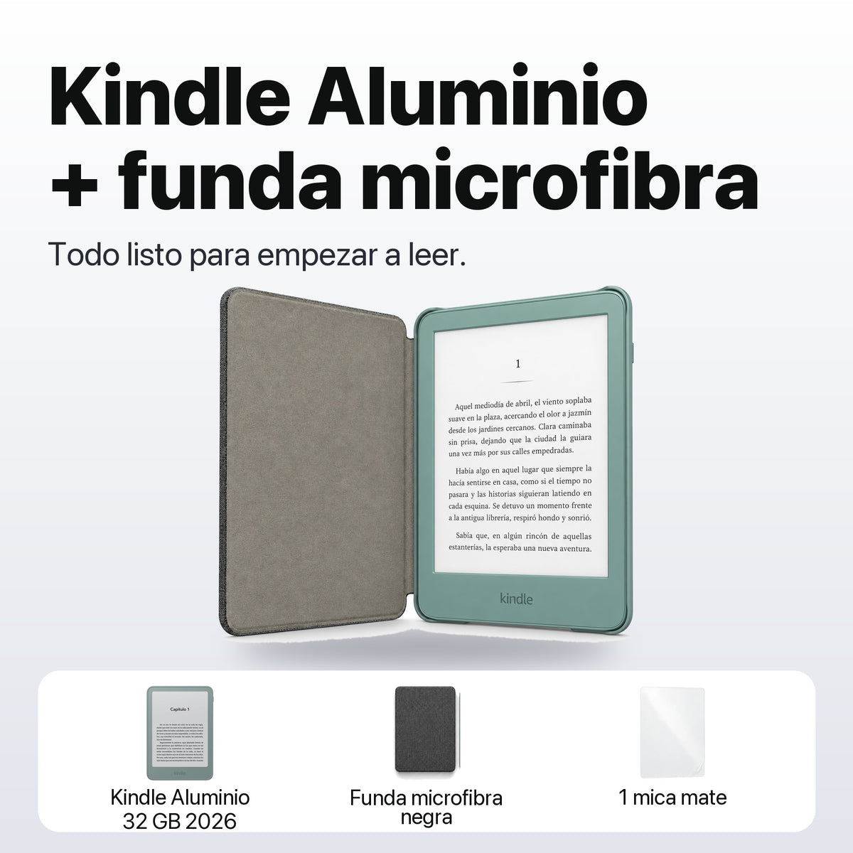 Kindle 2026 Aluminio color Verde Seaglass con funda microfibra negra - qué incluye el pack