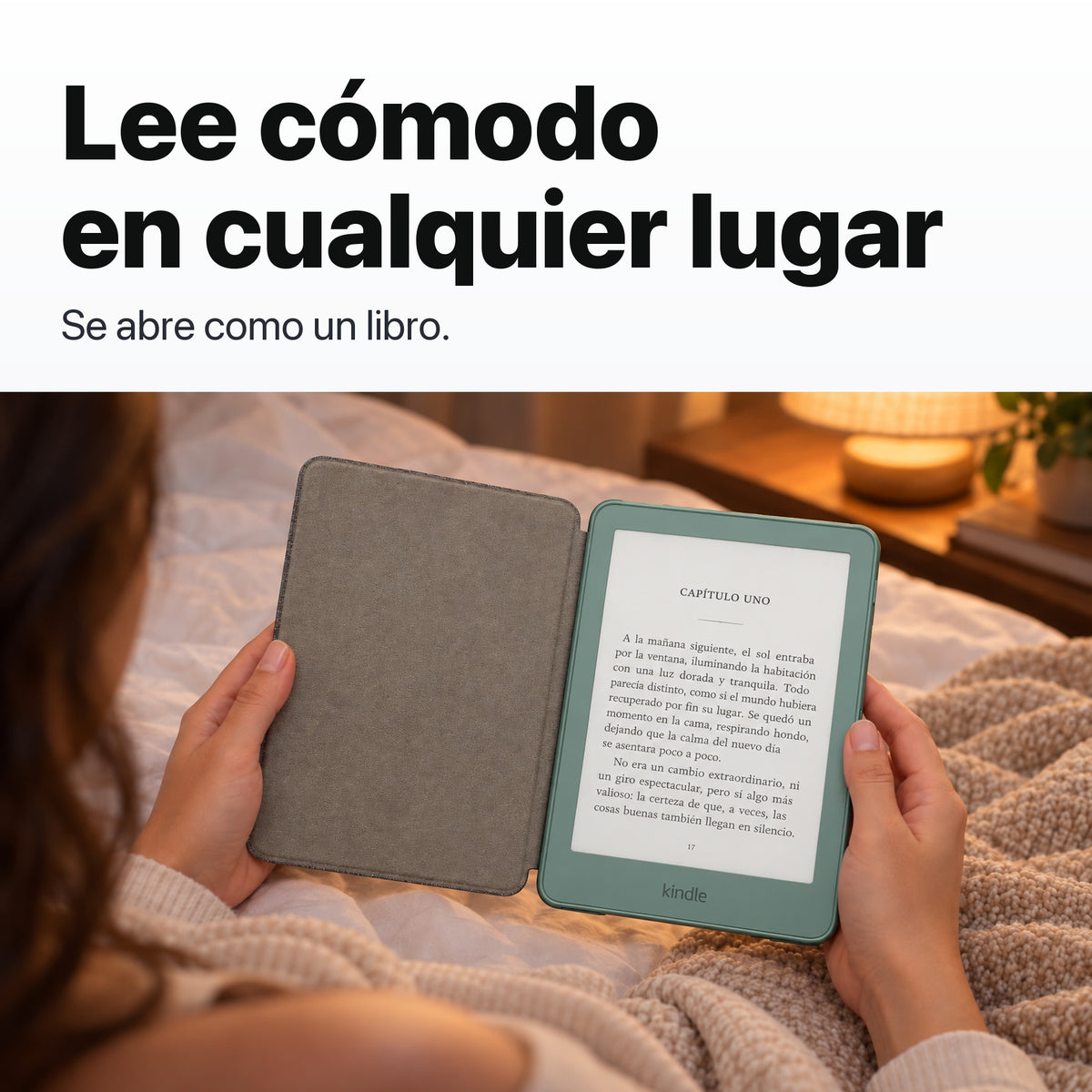 Kindle 2026 Aluminio color Verde Seaglass con funda microfibra negra - lectura cómoda en la cama