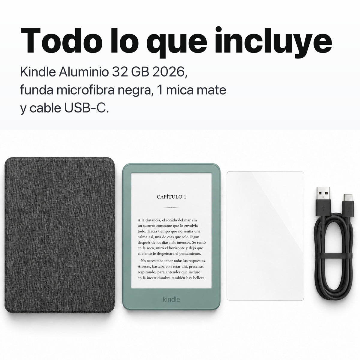 Kindle 2026 Aluminio color Verde Seaglass con funda microfibra negra - todo lo que incluye