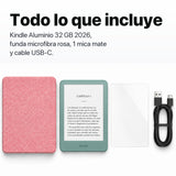 Kindle 2026 Aluminio color Verde Seaglass con funda microfibra rosa - todo lo que incluye