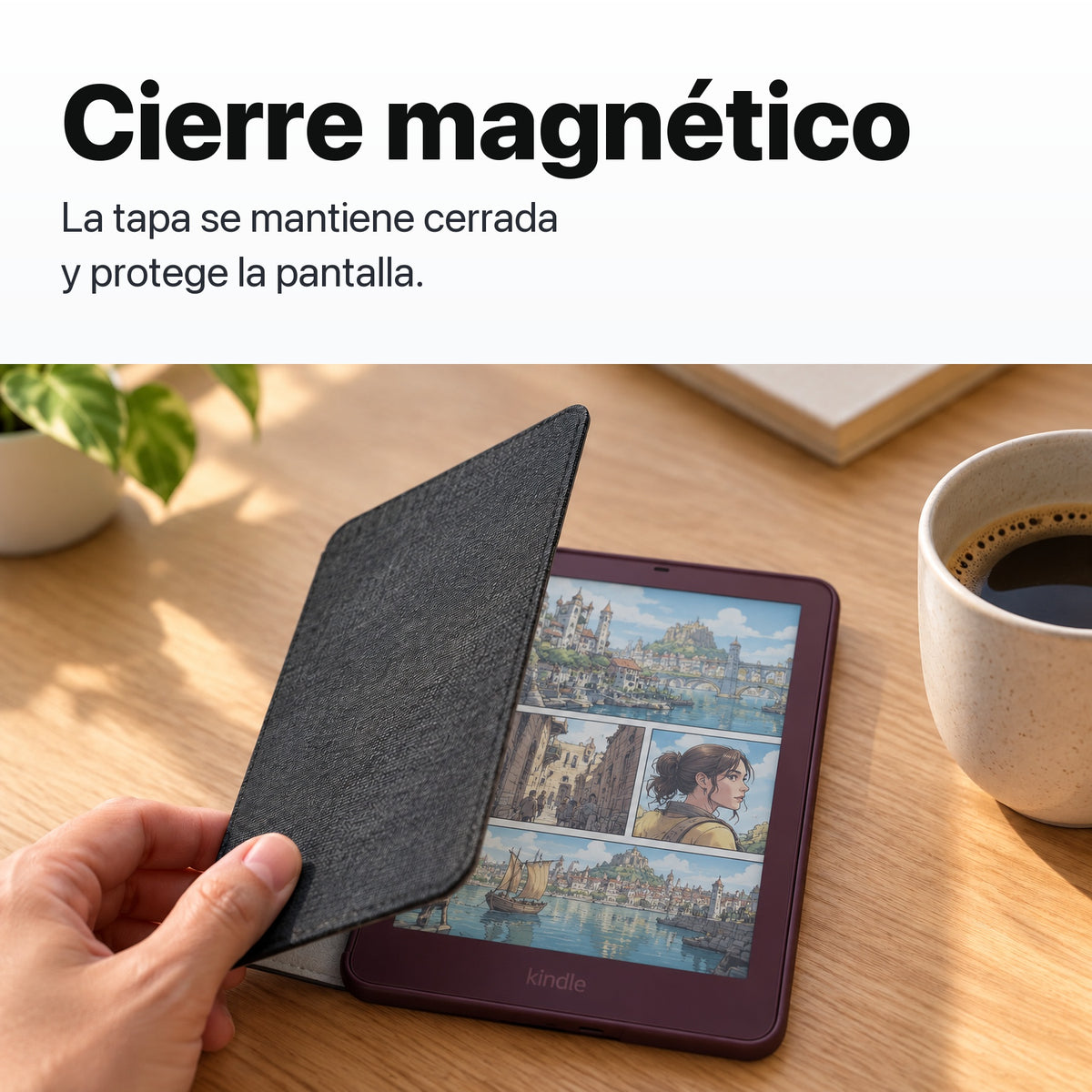 Kindle Colorsoft Signature Edition 2026 color Ciruela Fig con funda microfibra negra - funda con cierre magnético