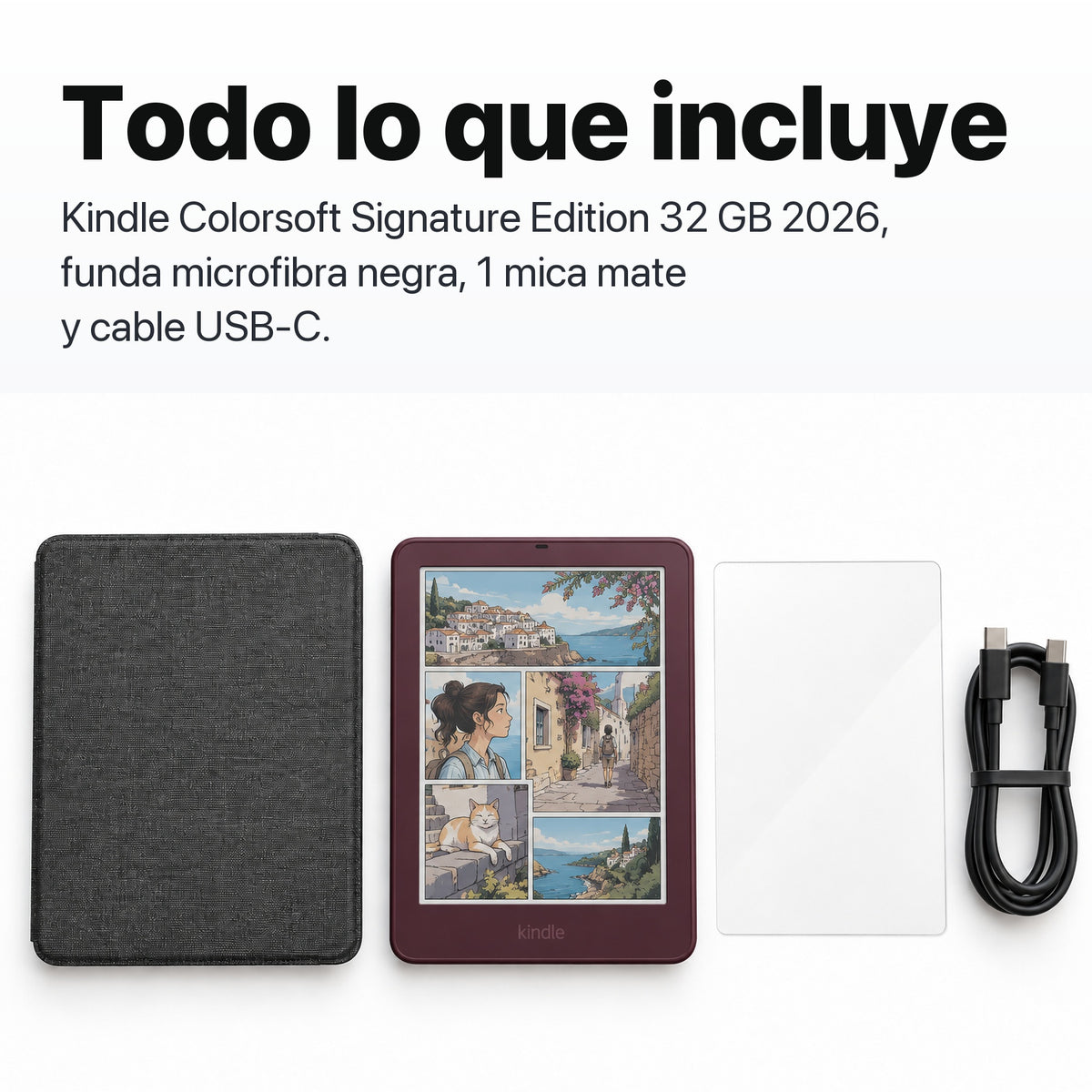 Kindle Colorsoft Signature Edition 2026 color Ciruela Fig con funda microfibra negra - todo lo que incluye