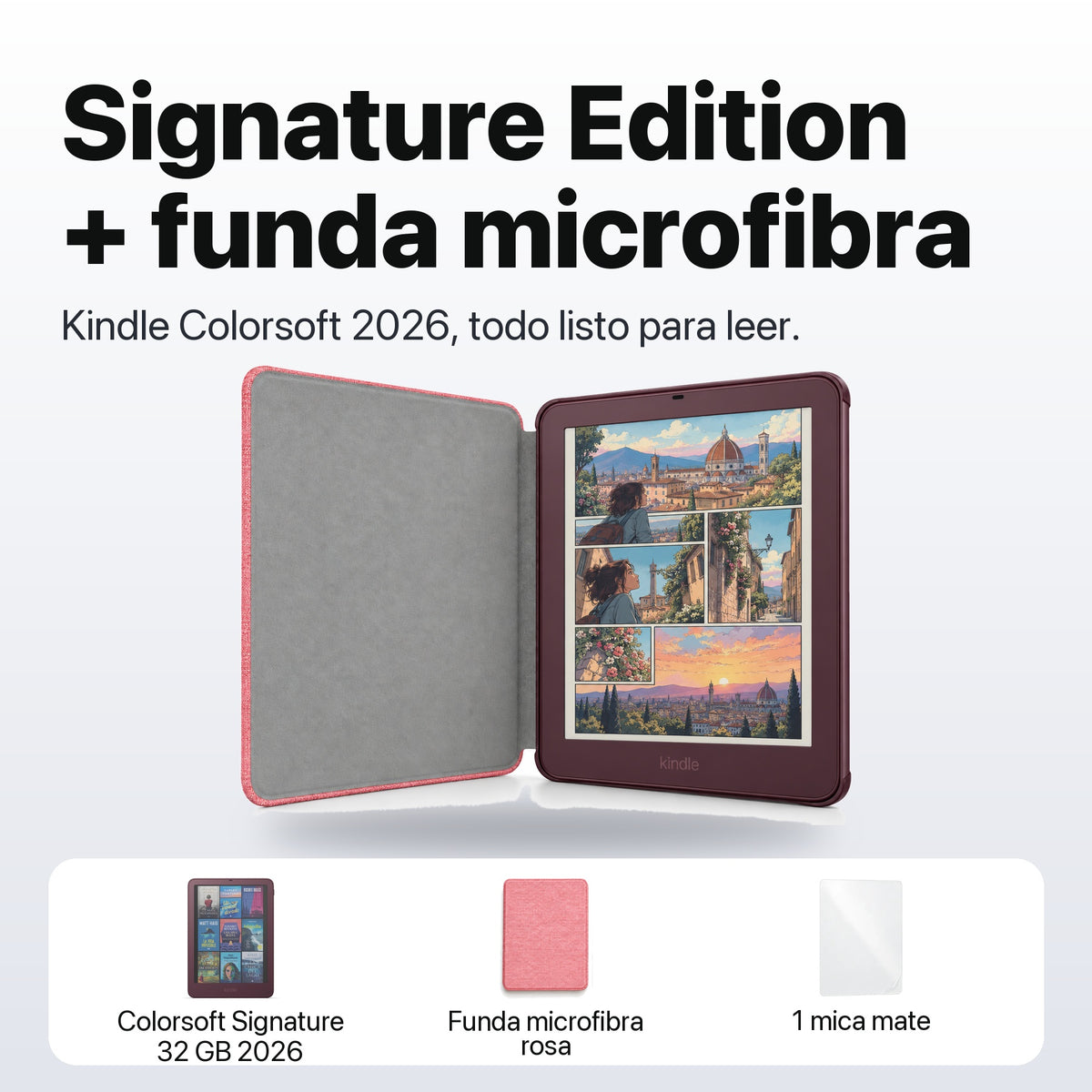Kindle Colorsoft Signature Edition 2026 color Ciruela Fig con funda microfibra rosa - qué incluye el pack