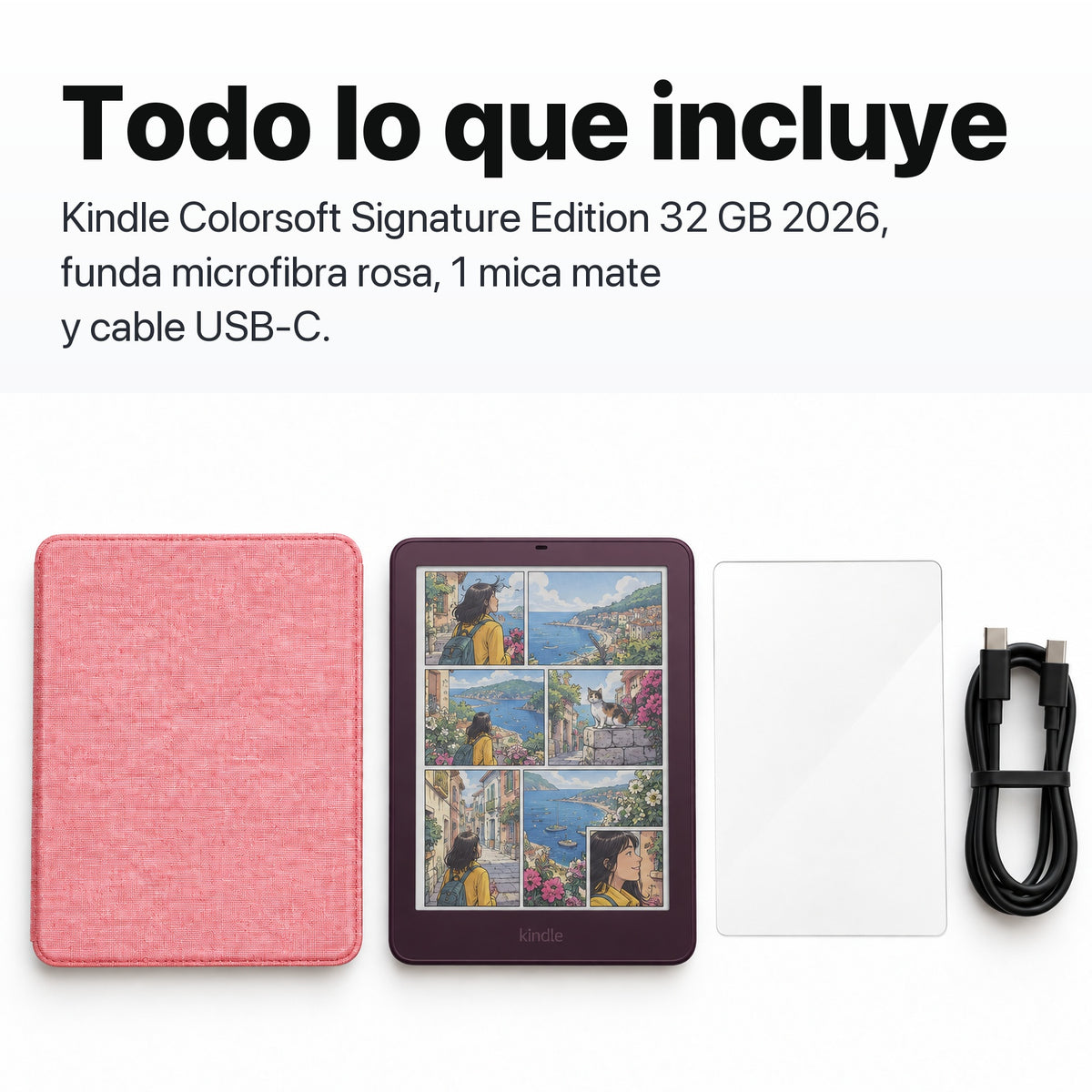 Kindle Colorsoft Signature Edition 2026 color Ciruela Fig con funda microfibra rosa - todo lo que incluye