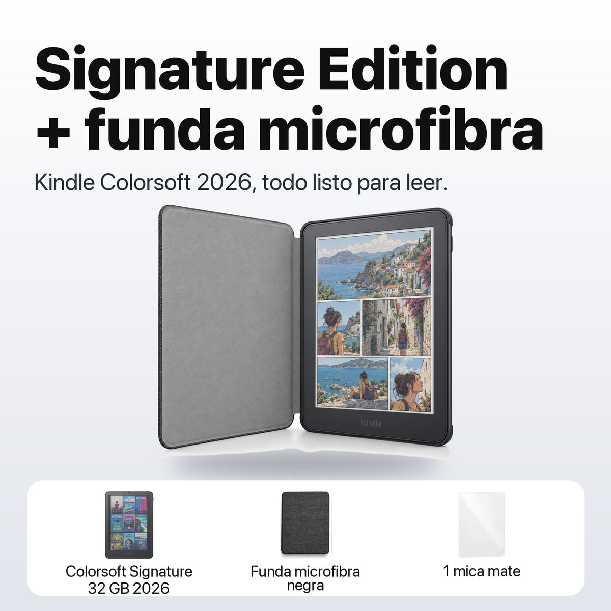 Kindle Colorsoft Signature Edition 2026 color Grafito con funda microfibra negra - qué incluye el pack