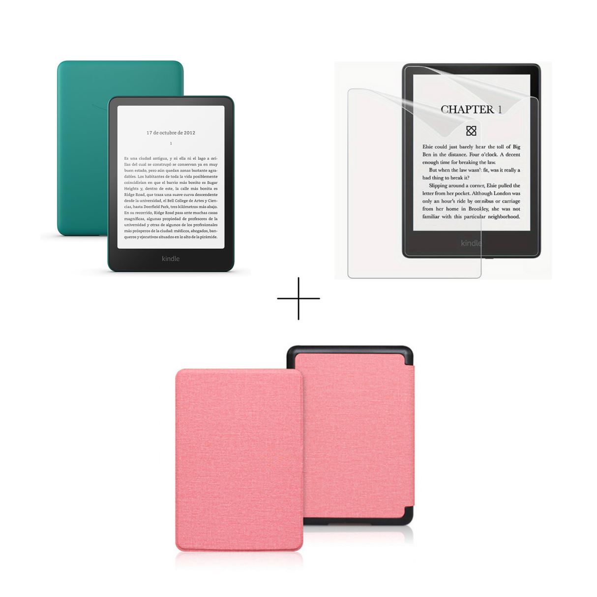 Kindle Paperwhite 2025 con funda rosa protectora abierta y cerrada