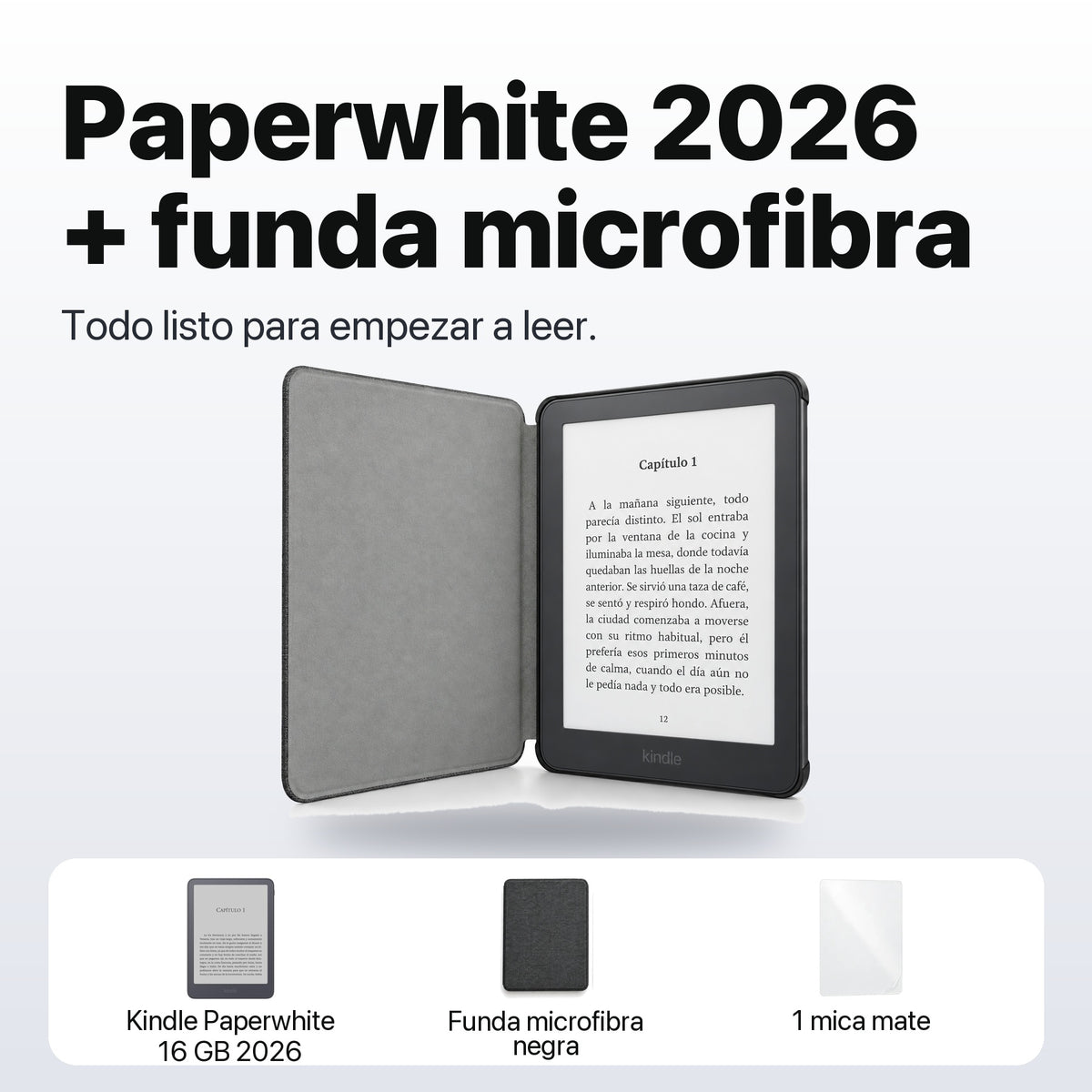 Kindle Paperwhite 2026 color Grafito con funda microfibra negra - qué incluye el pack