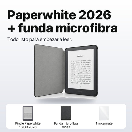 Kindle Paperwhite 2026 color Grafito con funda microfibra negra - qué incluye el pack