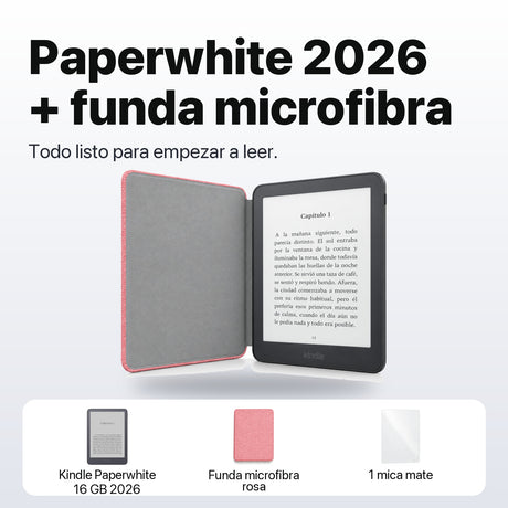 Kindle Paperwhite 2026 color Grafito con funda microfibra rosa - qué incluye el pack