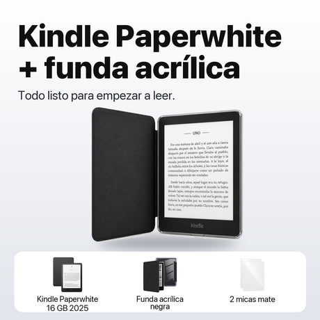 Qué incluye el pack: Kindle Paperwhite 16 GB 2025, funda acrílica negra y 2 micas mate