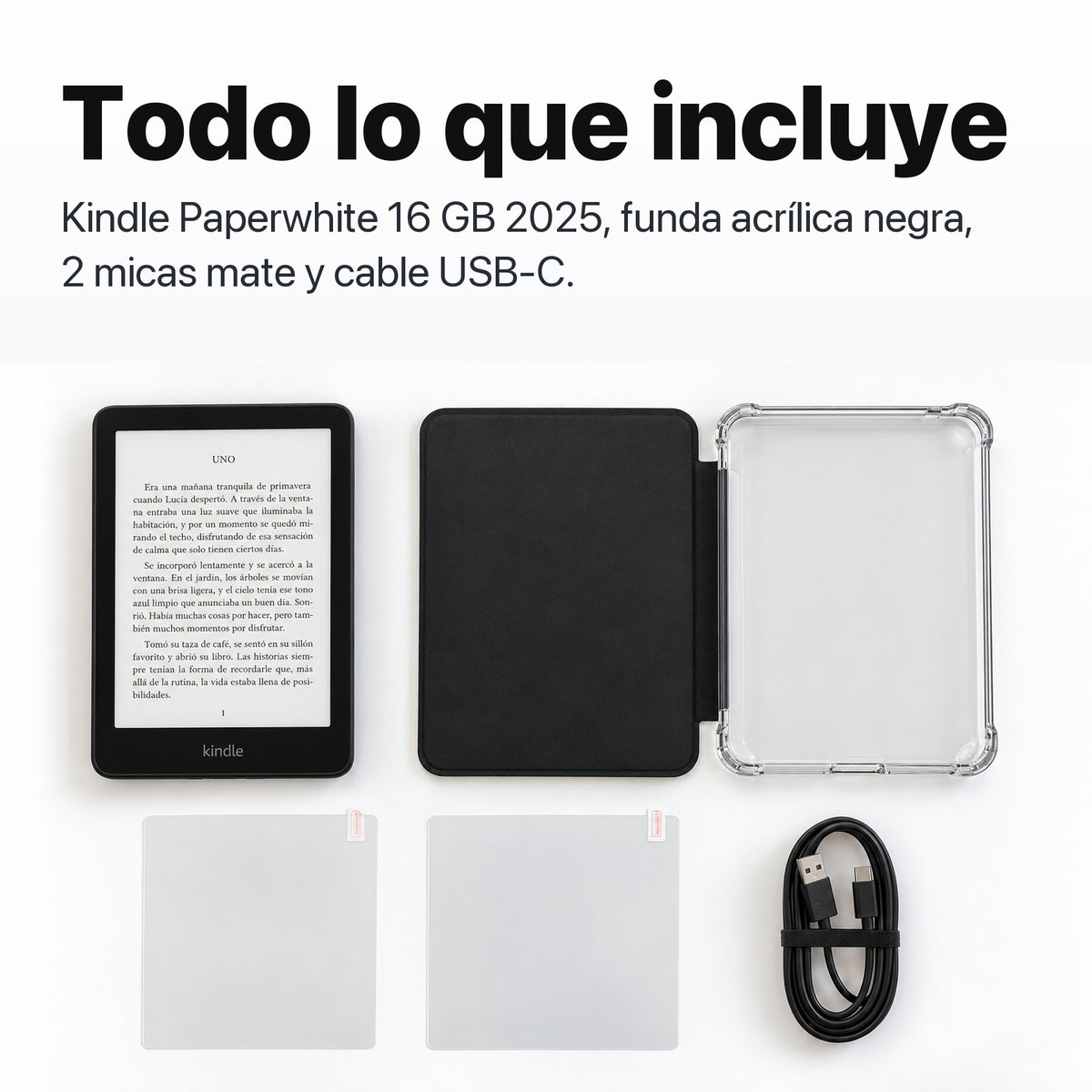 Contenido del pack: Kindle Paperwhite, funda acrílica negra, 2 micas mate y cable USB-C