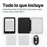 Contenido del pack: Kindle Paperwhite, funda acrílica negra, 2 micas mate y cable USB-C