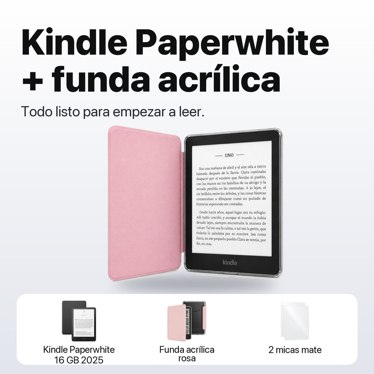 Qué incluye el pack: Kindle Paperwhite 16 GB 2025, funda acrílica rosa y 2 micas mate