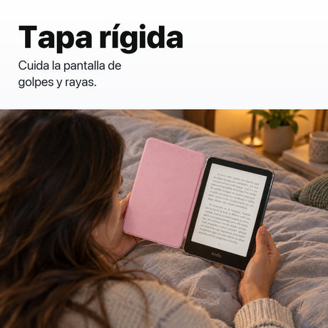 Tapa rígida rosa que protege la pantalla del Kindle de golpes y rayas