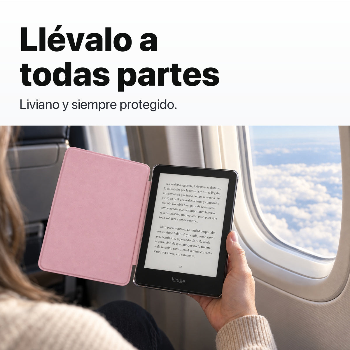 Kindle Paperwhite con funda acrílica rosa en un viaje en avión