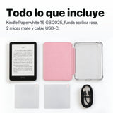 Contenido del pack: Kindle Paperwhite, funda acrílica rosa, 2 micas mate y cable USB-C