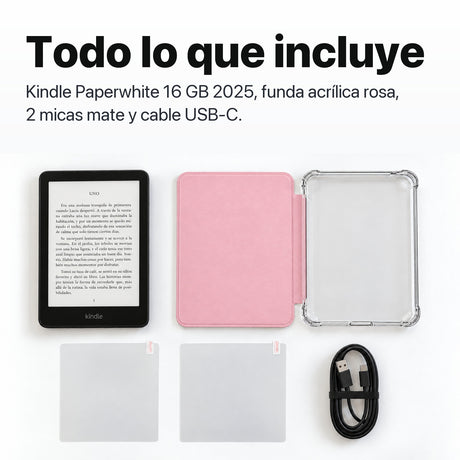 Contenido del pack: Kindle Paperwhite, funda acrílica rosa, 2 micas mate y cable USB-C
