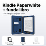 Qué incluye: Kindle Paperwhite 16 GB 2025, funda libro azul y 2 micas mate