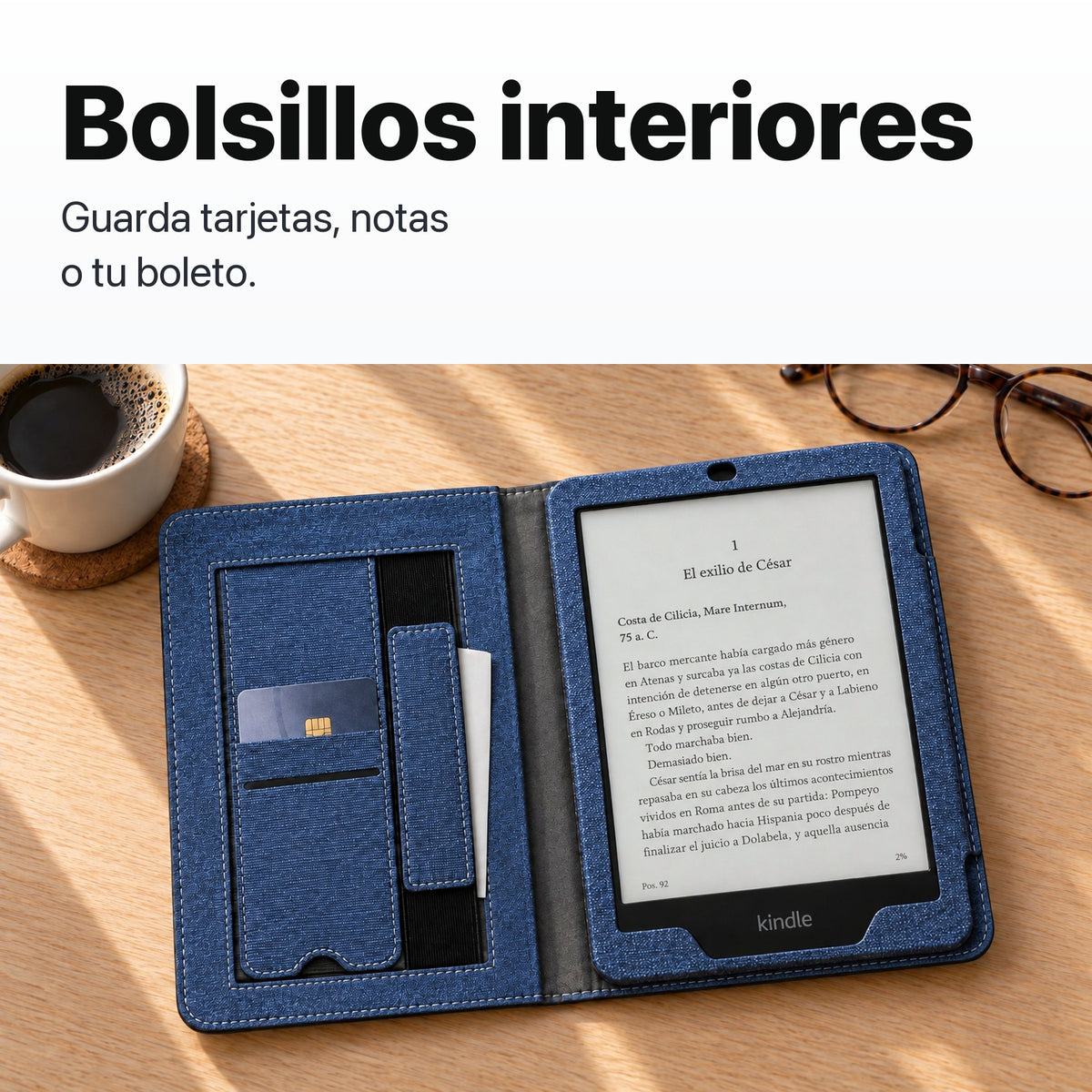 Bolsillos interiores para tarjetas de la funda libro azul