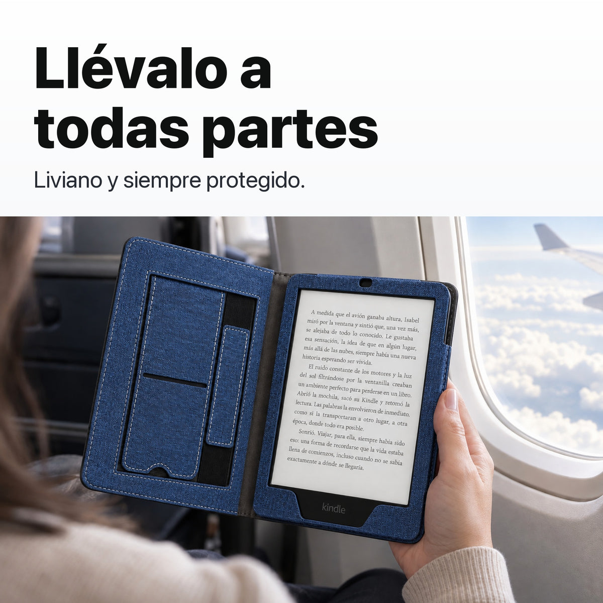 Kindle Paperwhite con funda libro azul en un viaje en avión