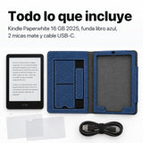 Contenido del pack: Kindle Paperwhite, funda libro azul, 2 micas mate y cable USB-C