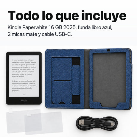 Contenido del pack: Kindle Paperwhite, funda libro azul, 2 micas mate y cable USB-C