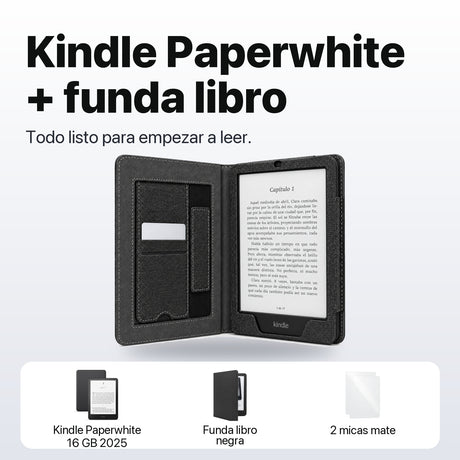 Qué incluye: Kindle Paperwhite 16 GB 2025, funda libro negra y 2 micas mate