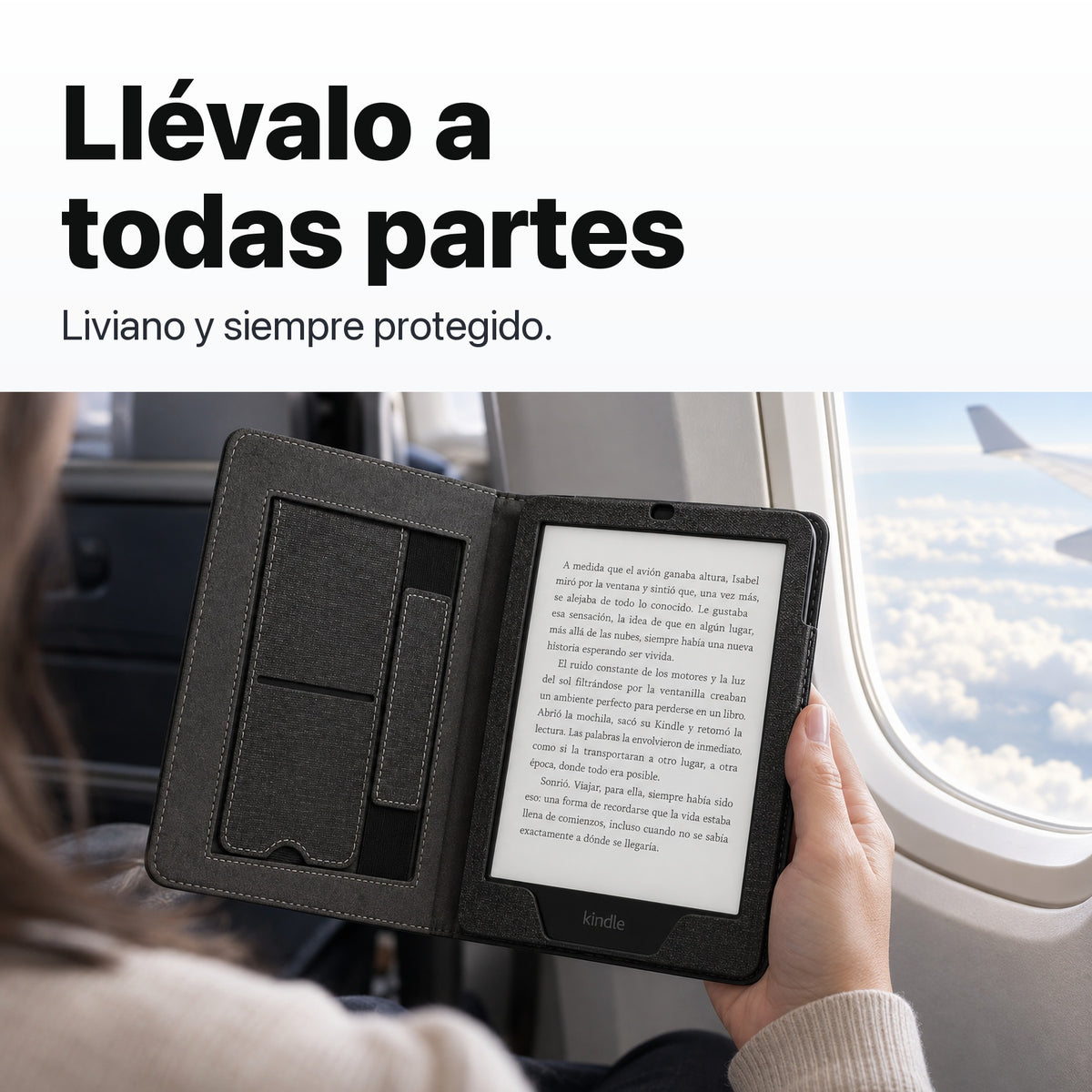 Kindle Paperwhite con funda libro negra en un viaje en avión